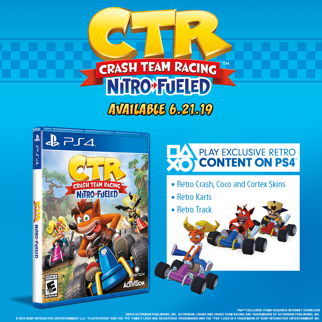 Boîte du jeu Crash Team Racing Nitro-Fueled PS4, avec personnages et karts.