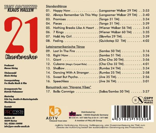 CD-Rückseite mit Titellisten und Text für Tanz Orchester Klaus Hallen.