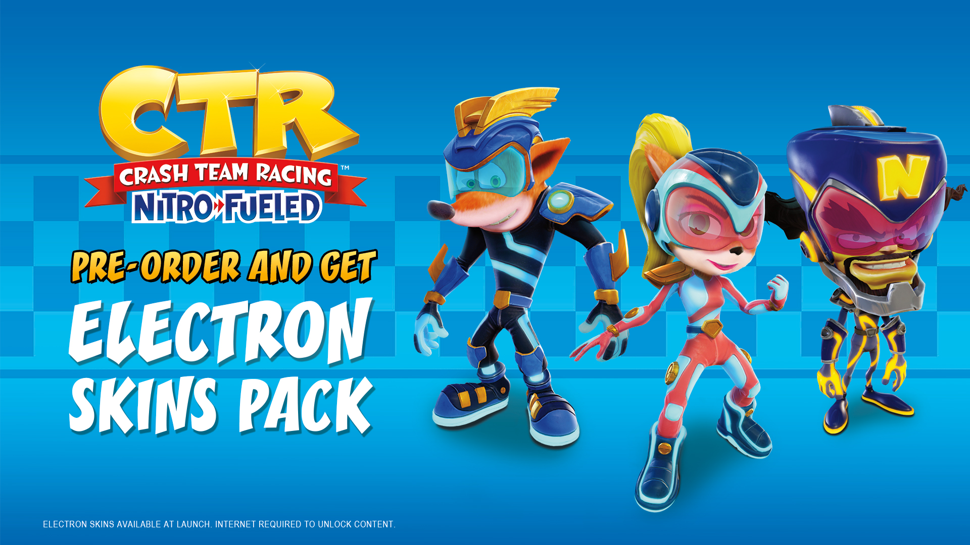 Personnages de Crash Team Racing dans le pack de skins Electron, sur fond bleu avec titre.