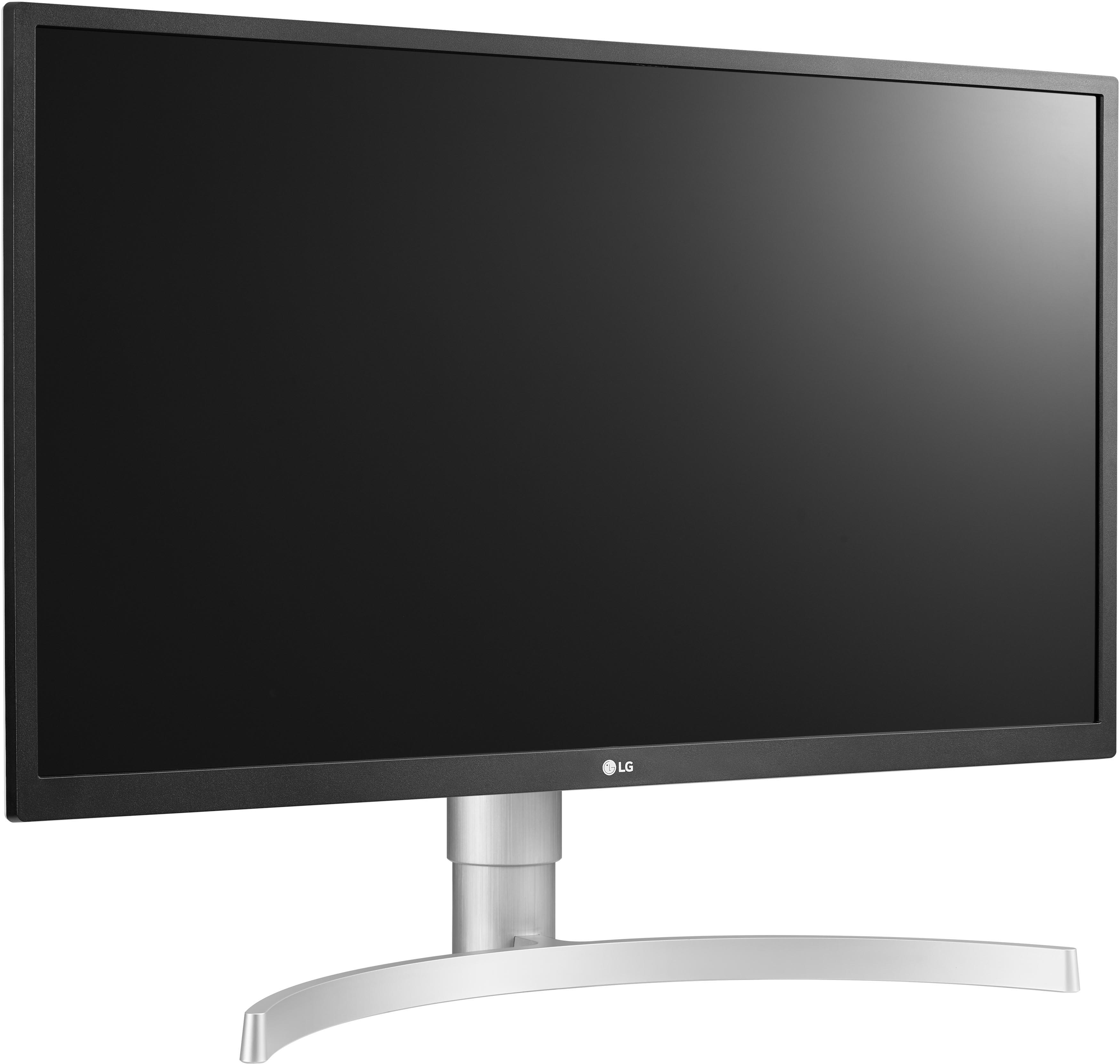 LG-Monitor mit schwarzem Bildschirm, silbernem Ständer und gebogener silberner Basis, vor weißem Hintergrund.