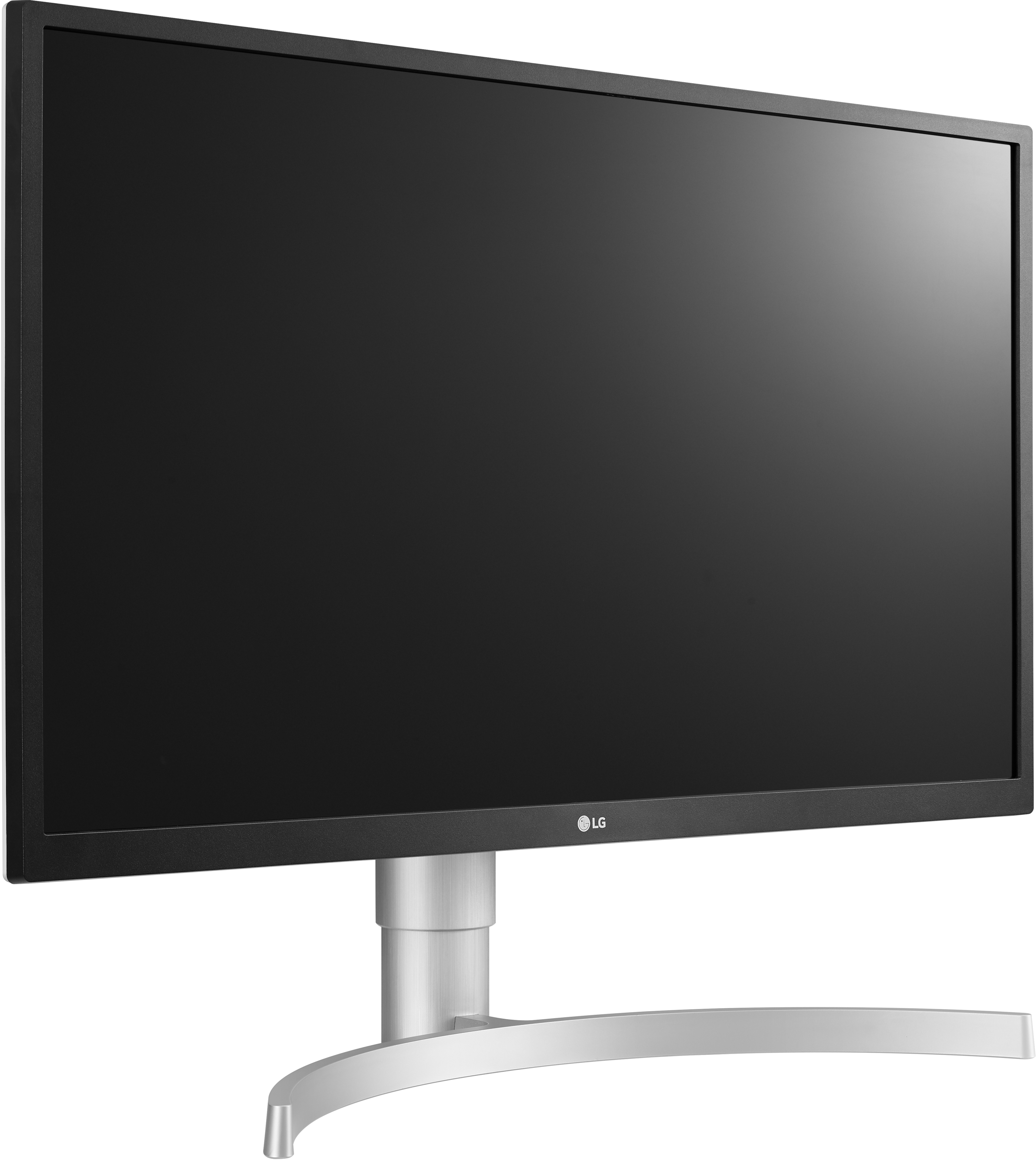 Großer schwarzer Computermonitor auf einem silbernen Ständer, mit schwarzem Bildschirm, weißer Hintergrund.