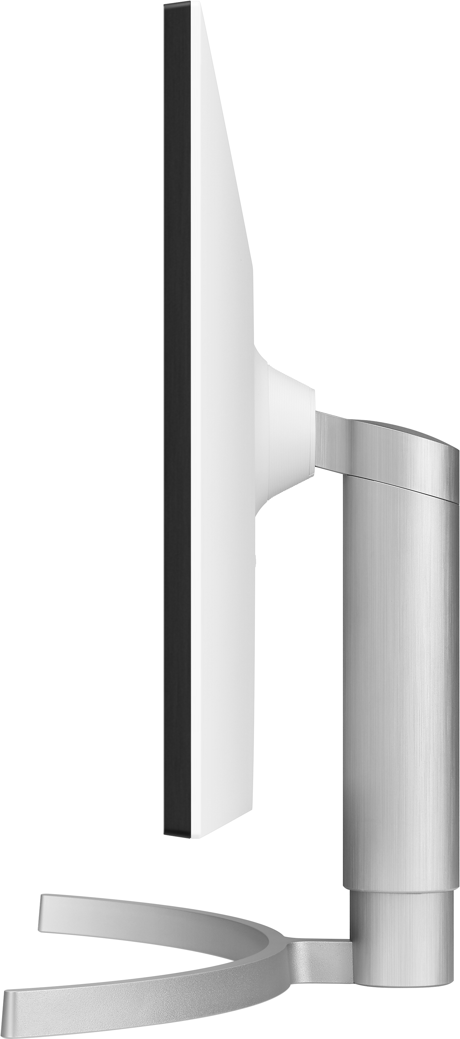 Seitenansicht eines weißen und silbernen Computermonitors auf weißer Oberfläche.