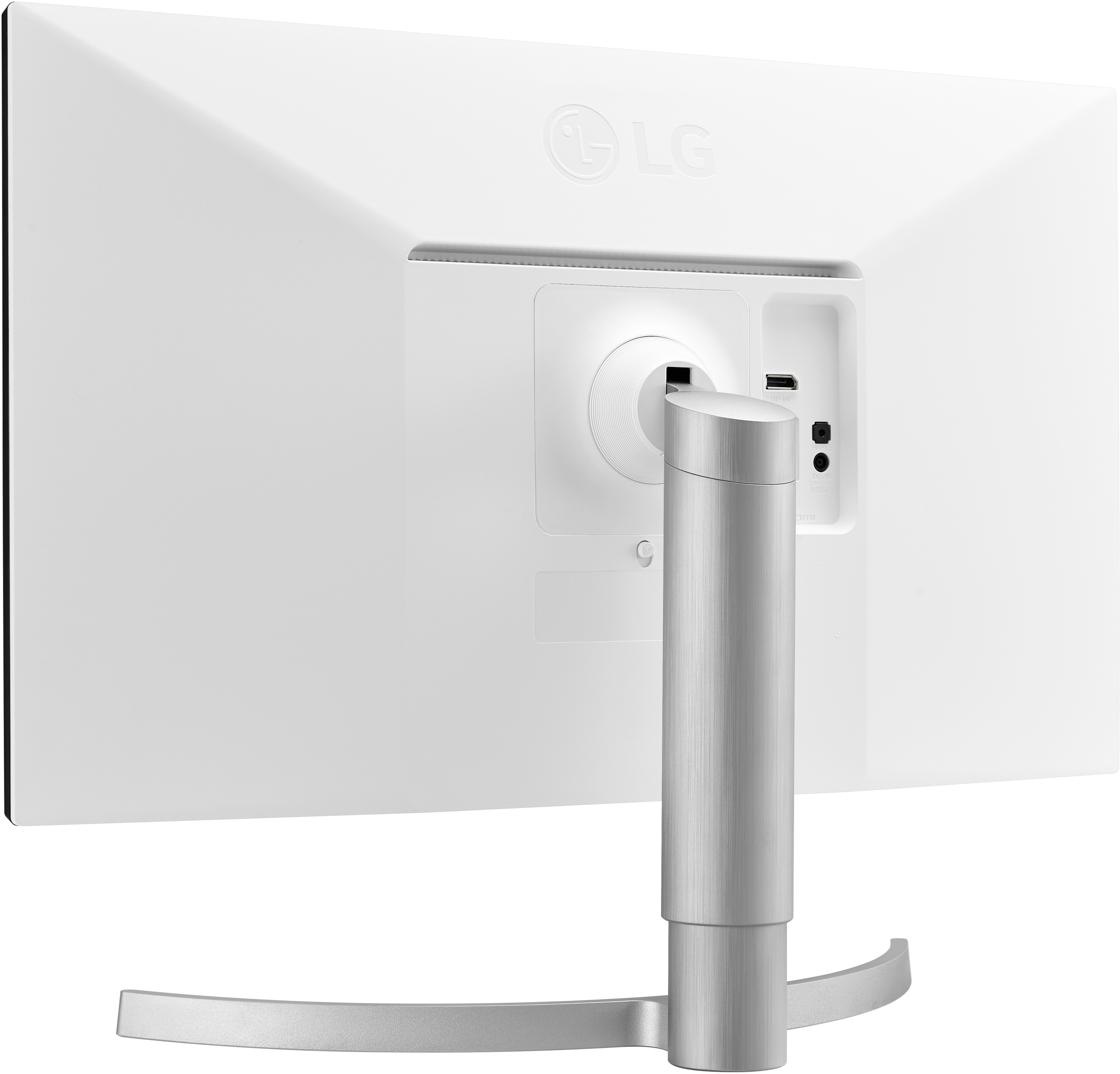Rückseite eines weißen LG-Monitors mit silbernem Ständer. Anschlüsse und Logo sind sichtbar.