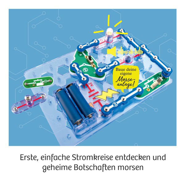 Leiterplatte mit verbundenen Komponenten, Batterien und einer Lampe. Text: Bauen Sie Ihre eigene Morseanlage.