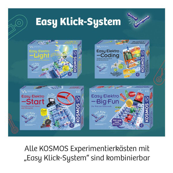 Vier Kartons mit Lernspielzeugsets. Die Kartons enthalten Text, Bilder der Spielzeuge und die Worte: Easy Klick-System.