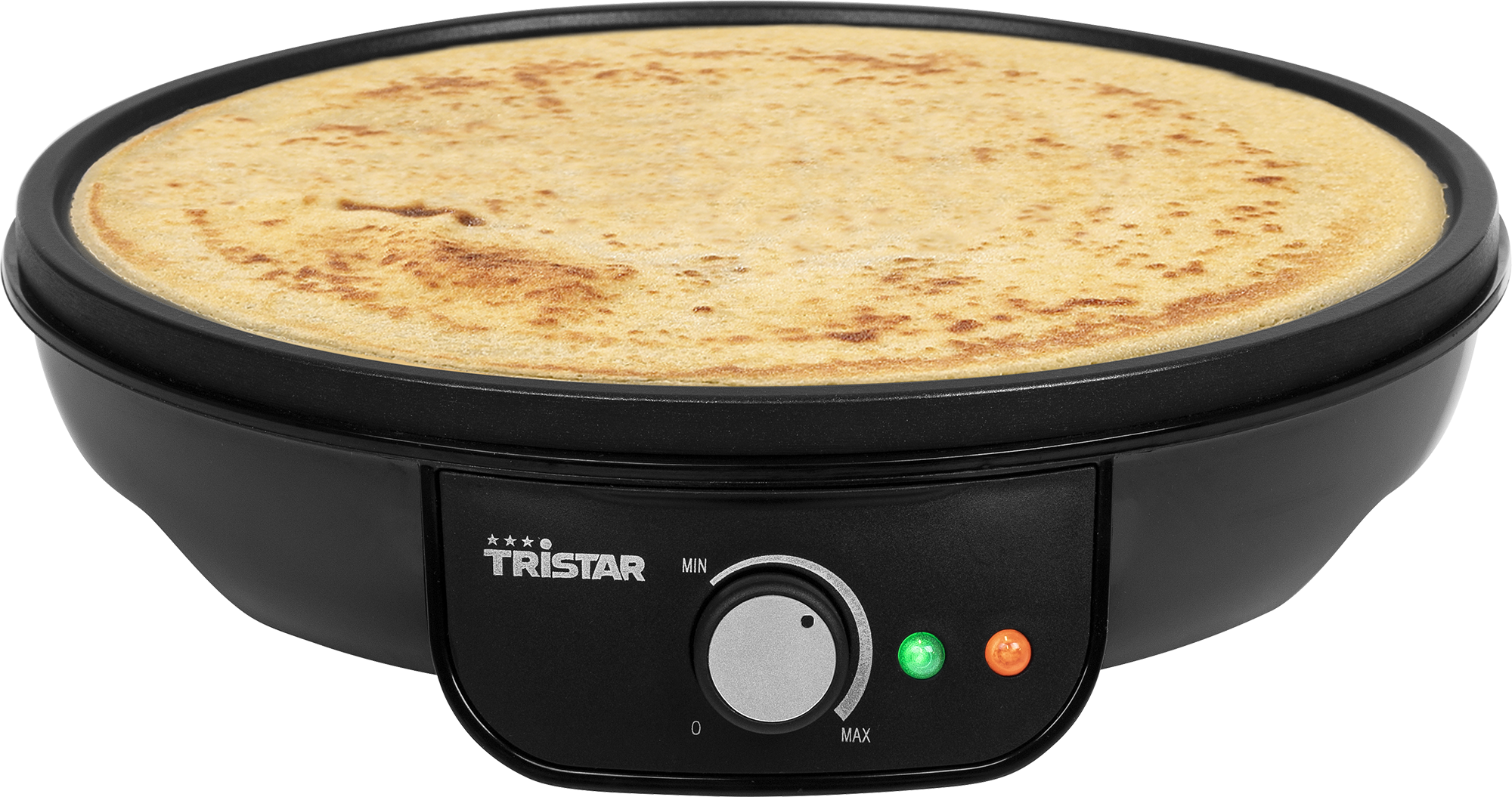 Black pancake maker with a cooked pancake inside, temperature control.