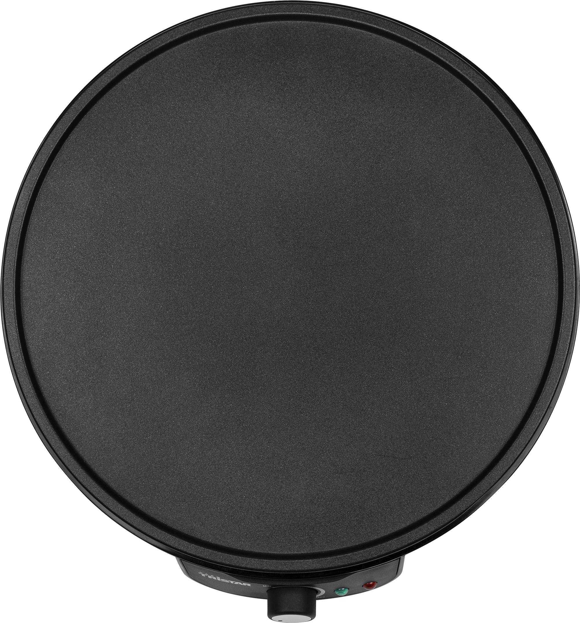 A round black crepe maker. It is a flat surface with a dial and a power indicator light.