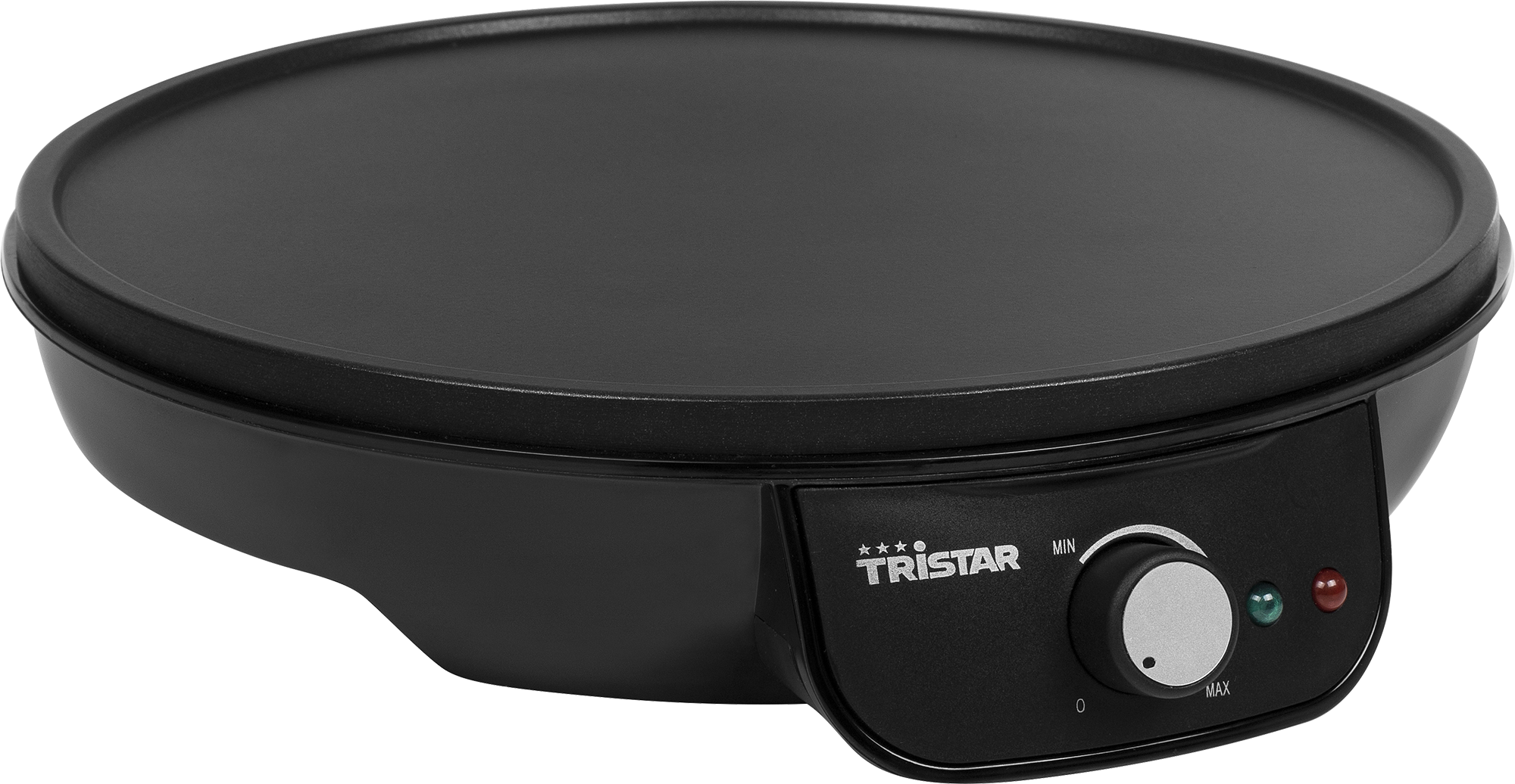 Black Tristar pancake maker, circular, with a knob, on white.