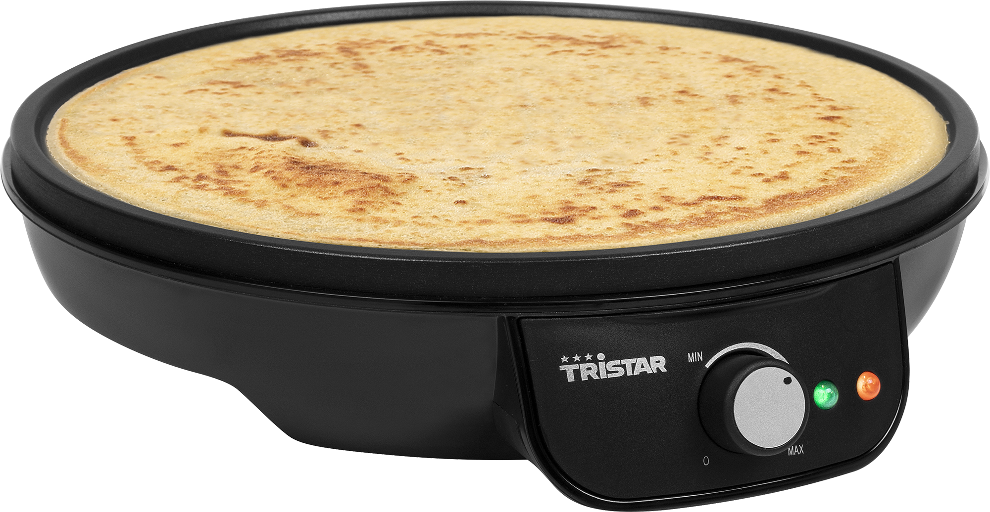 Black pancake maker with a pancake inside, and control dial.