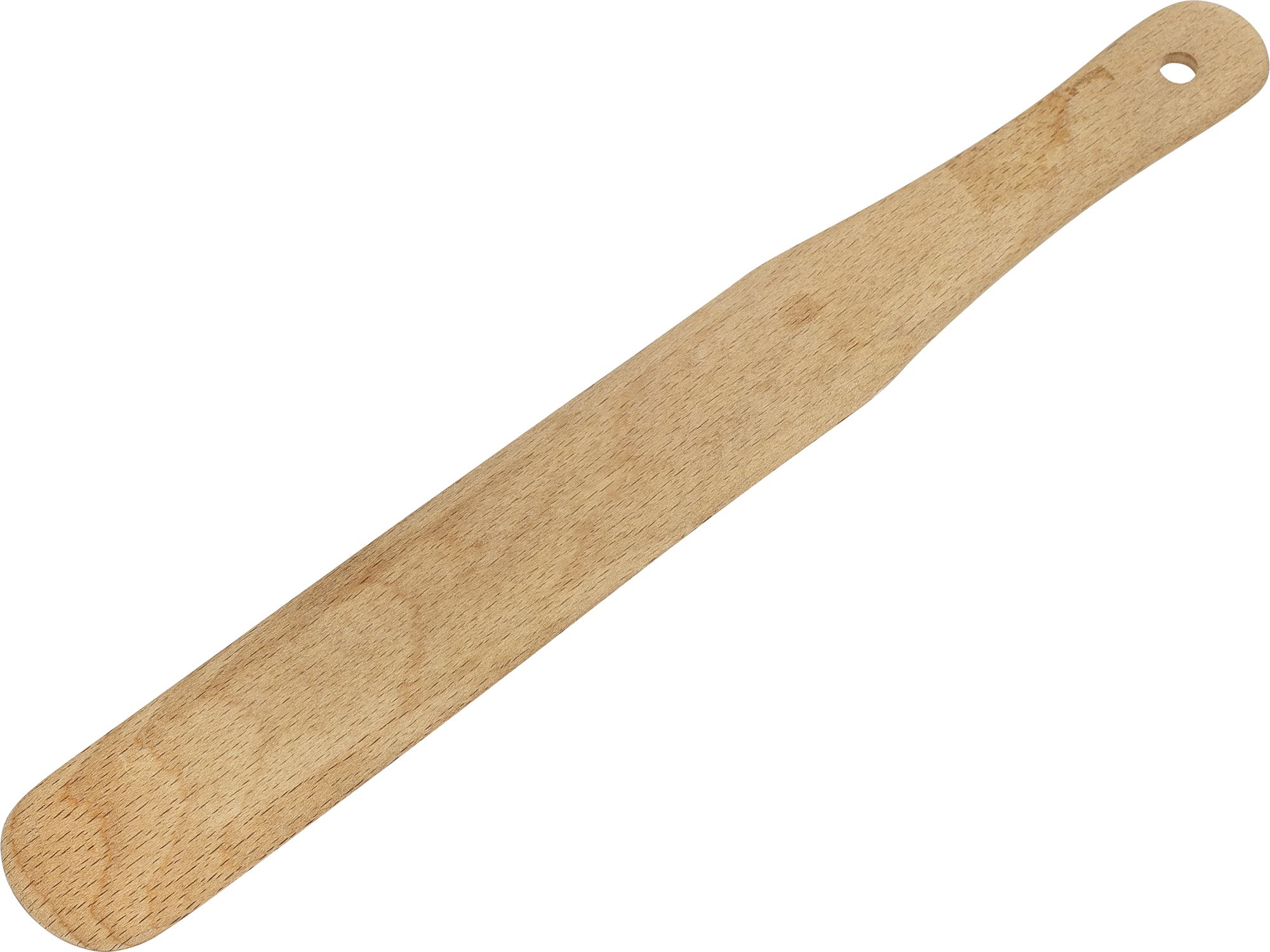 Wooden spatula. Long, flat, rectangular blade with a hole in the handle.