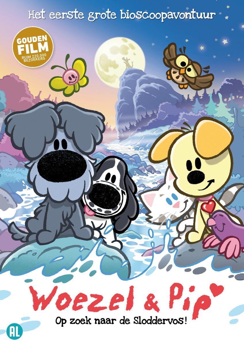 Cartoonfilmposter. Hond en kat met andere dieren en maan en sterren.