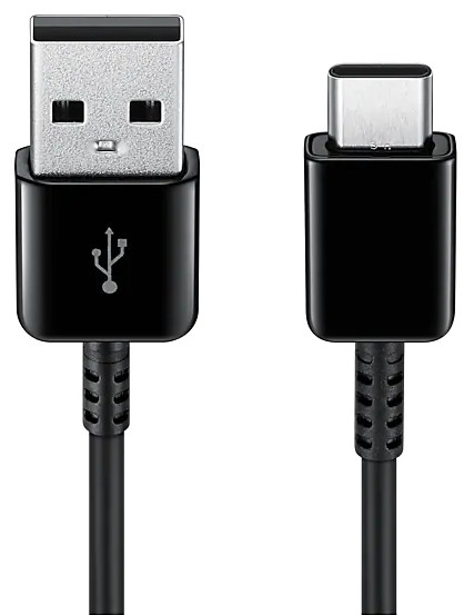 Zwarte USB-kabel met een USB-A-connector en een USB-C-connector. Witte achtergrond.