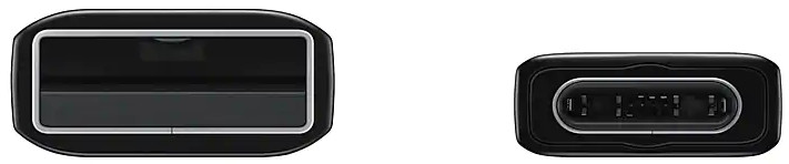 Twee zwarte USB-C-connectoren, één zijaanzicht en één vooraanzicht.