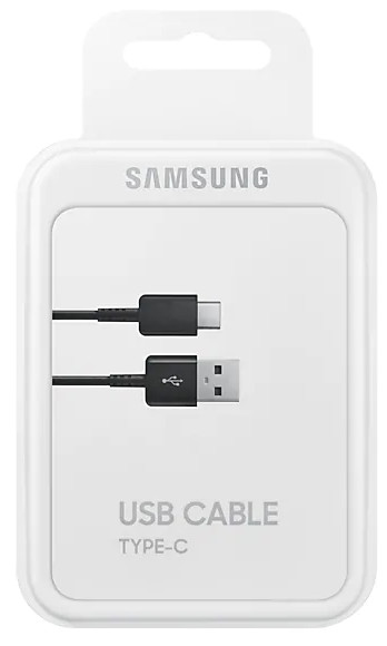 Witte doos met een USB-C naar USB-kabel. De doos is wit met het 'Samsung'-logo erboven.