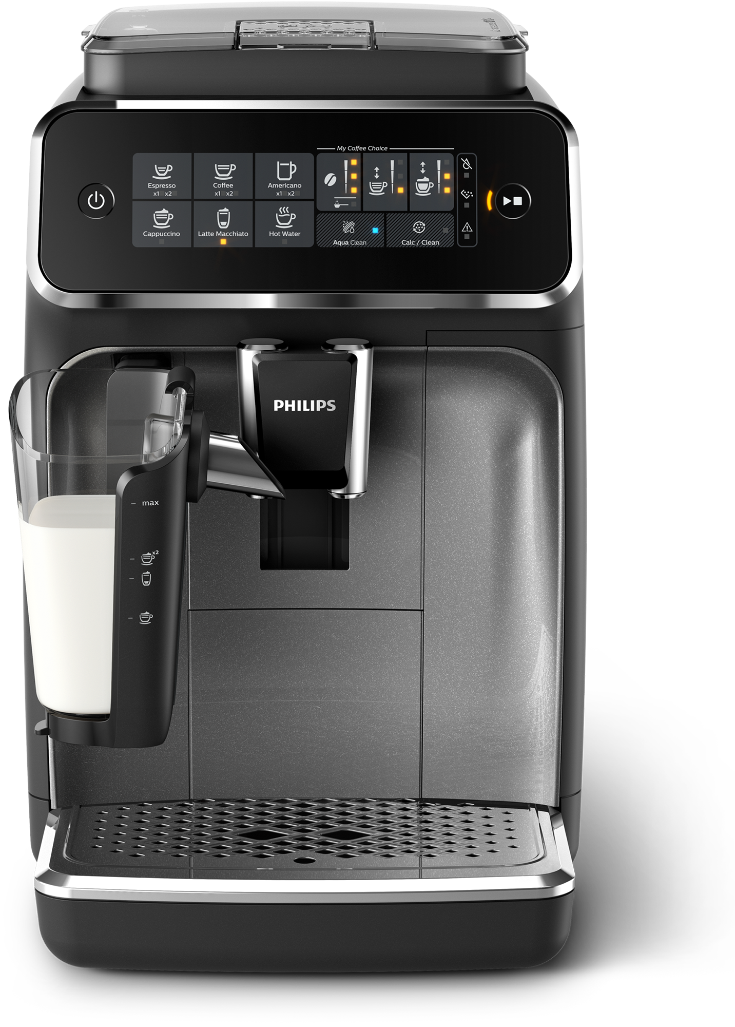 Black and silver Philips coffee machine with touch screen and milk carafe.