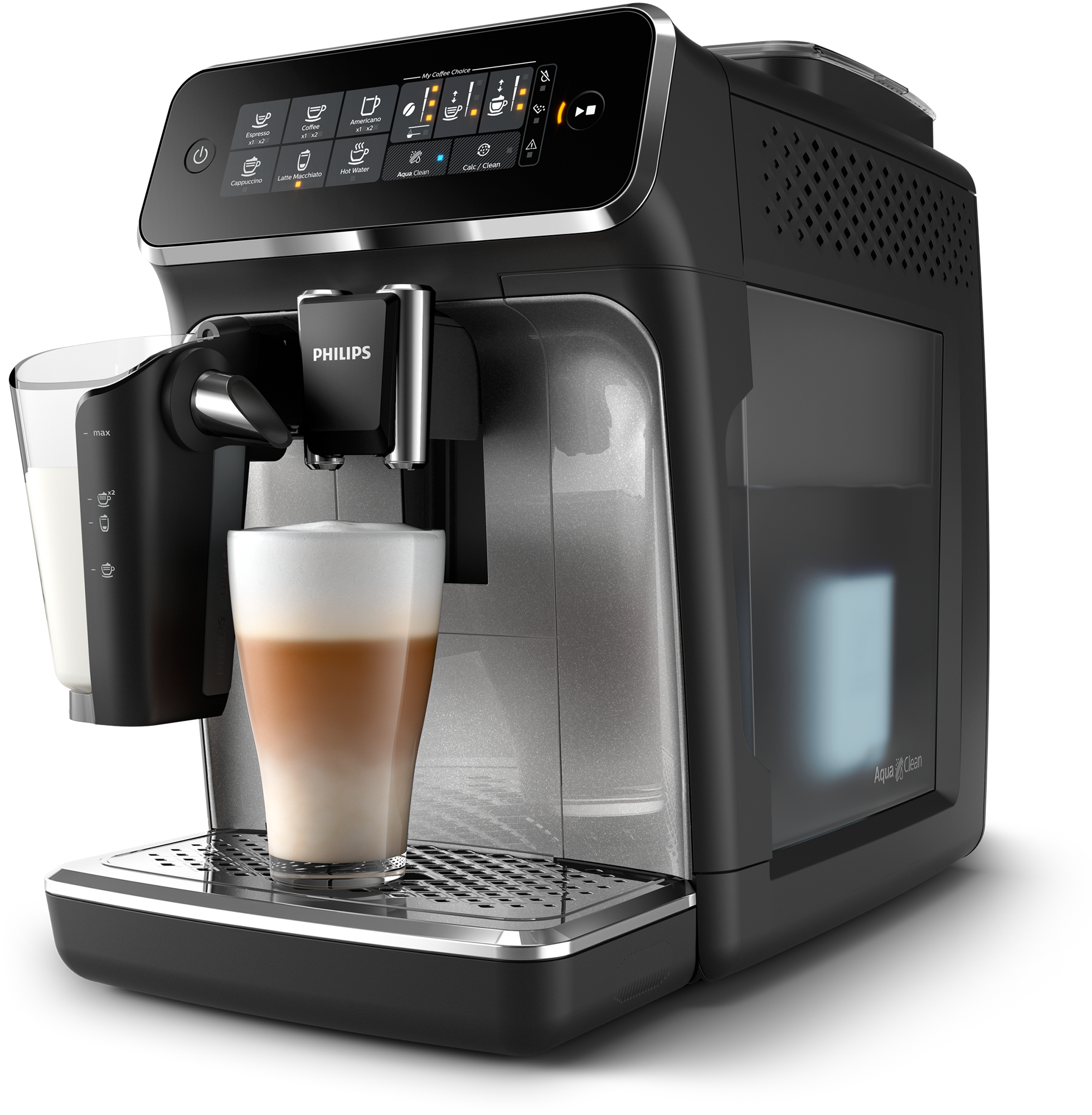 Black Philips coffee machine with a glass of latte. Black background.
