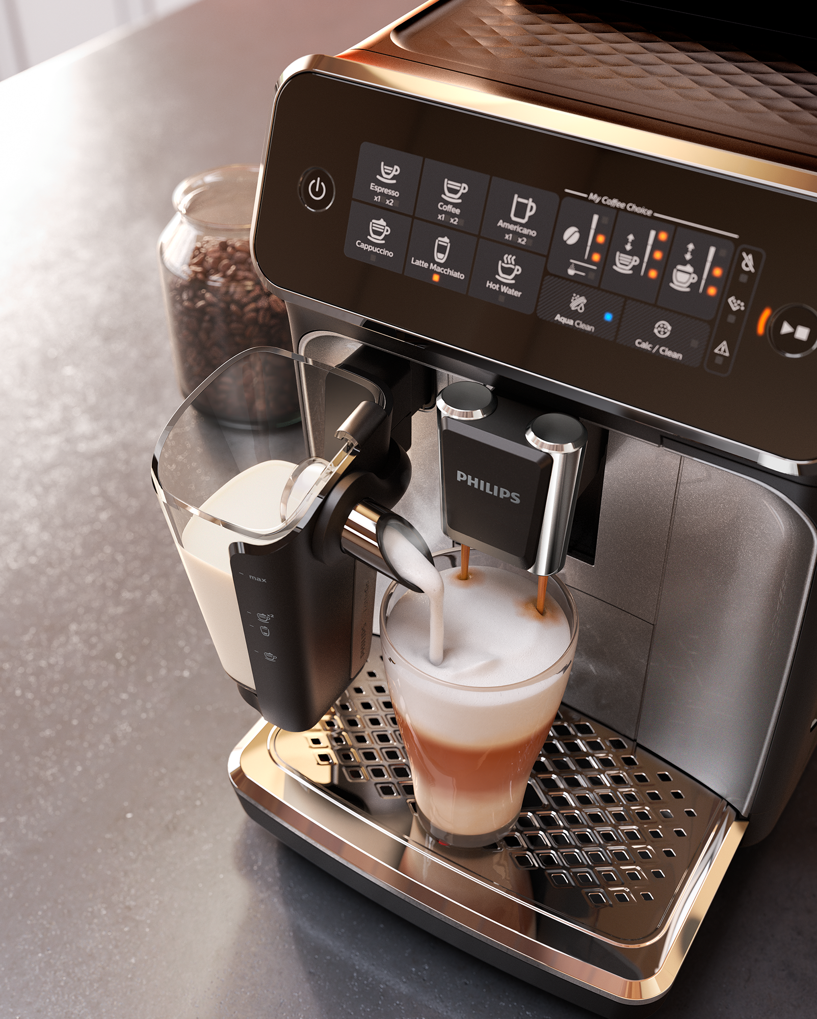 A Philips coffee machine making latte. Milk is poured into a glass with coffee.