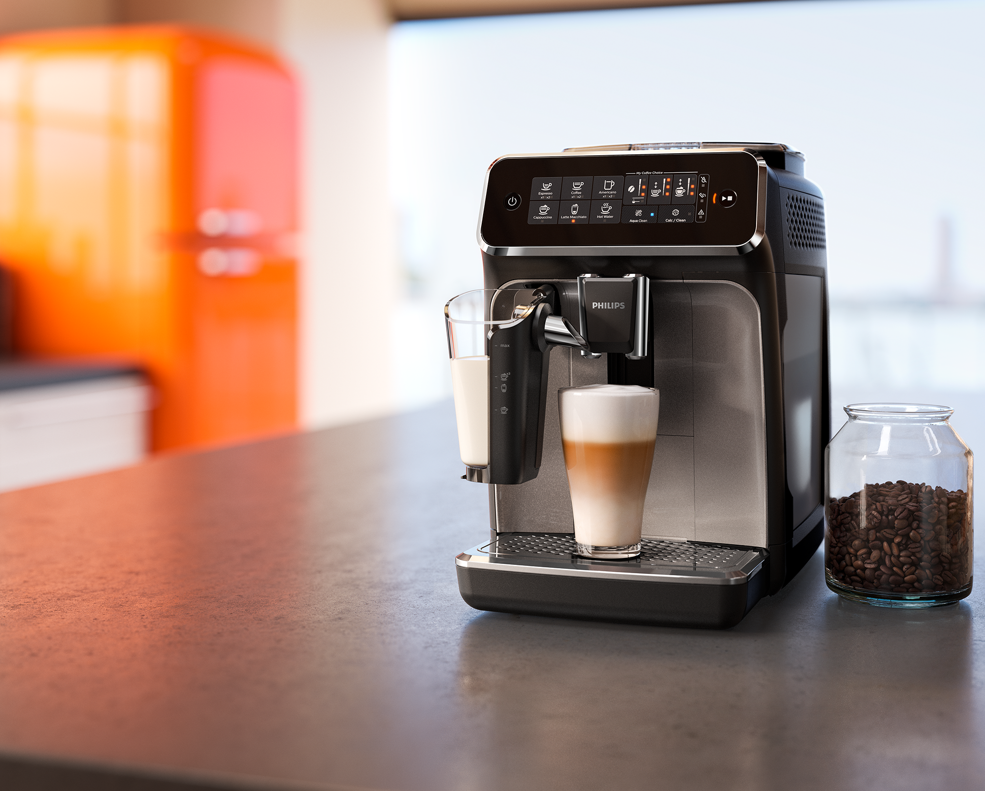 Coffee machine making a latte. A glass of milk is on the left, coffee beans on the right.