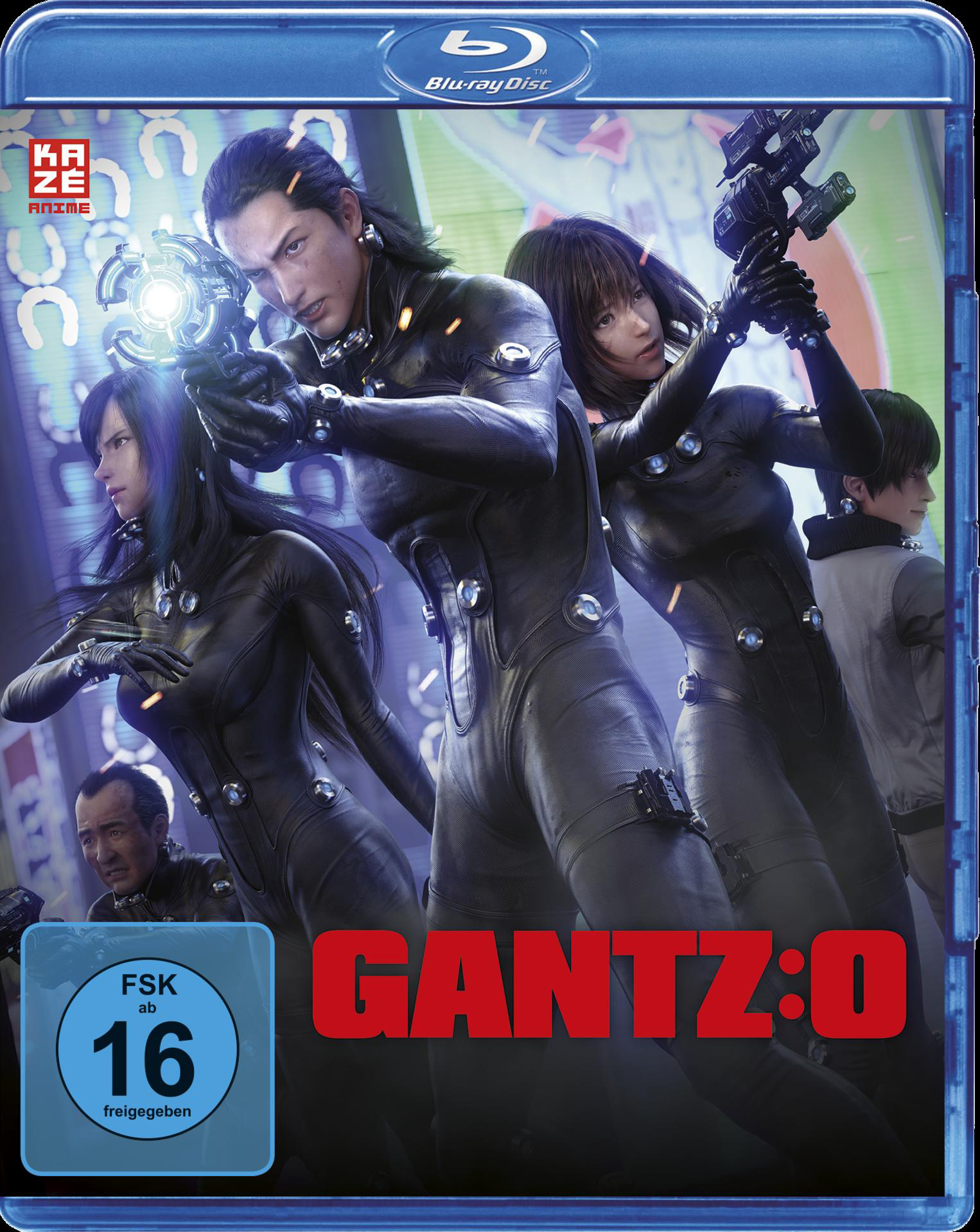 Gantz: O Blu-ray-Cover mit Charakteren, die Waffen halten, blaue Hülle.