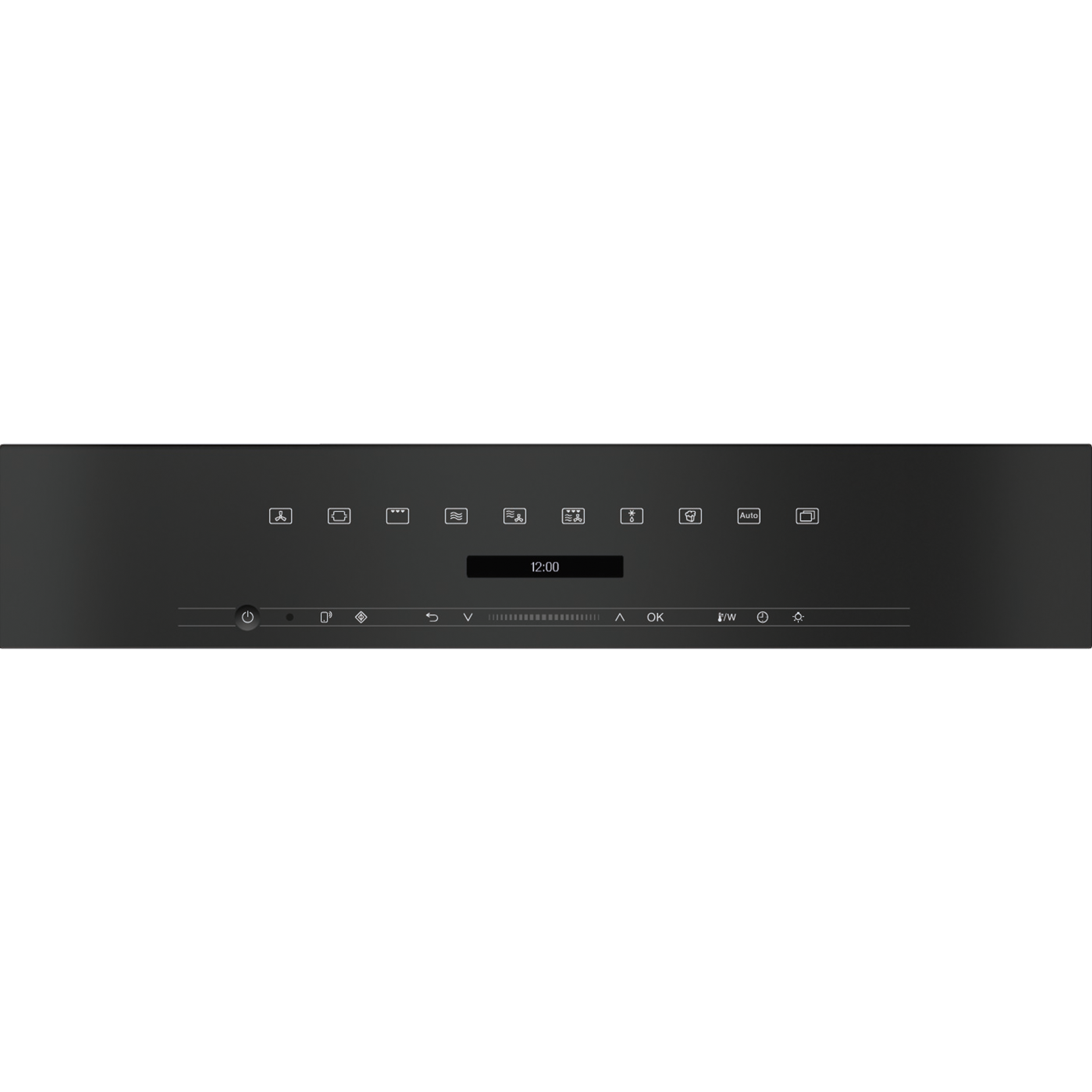 Control panel with time 12:00 and various icons on a black background.