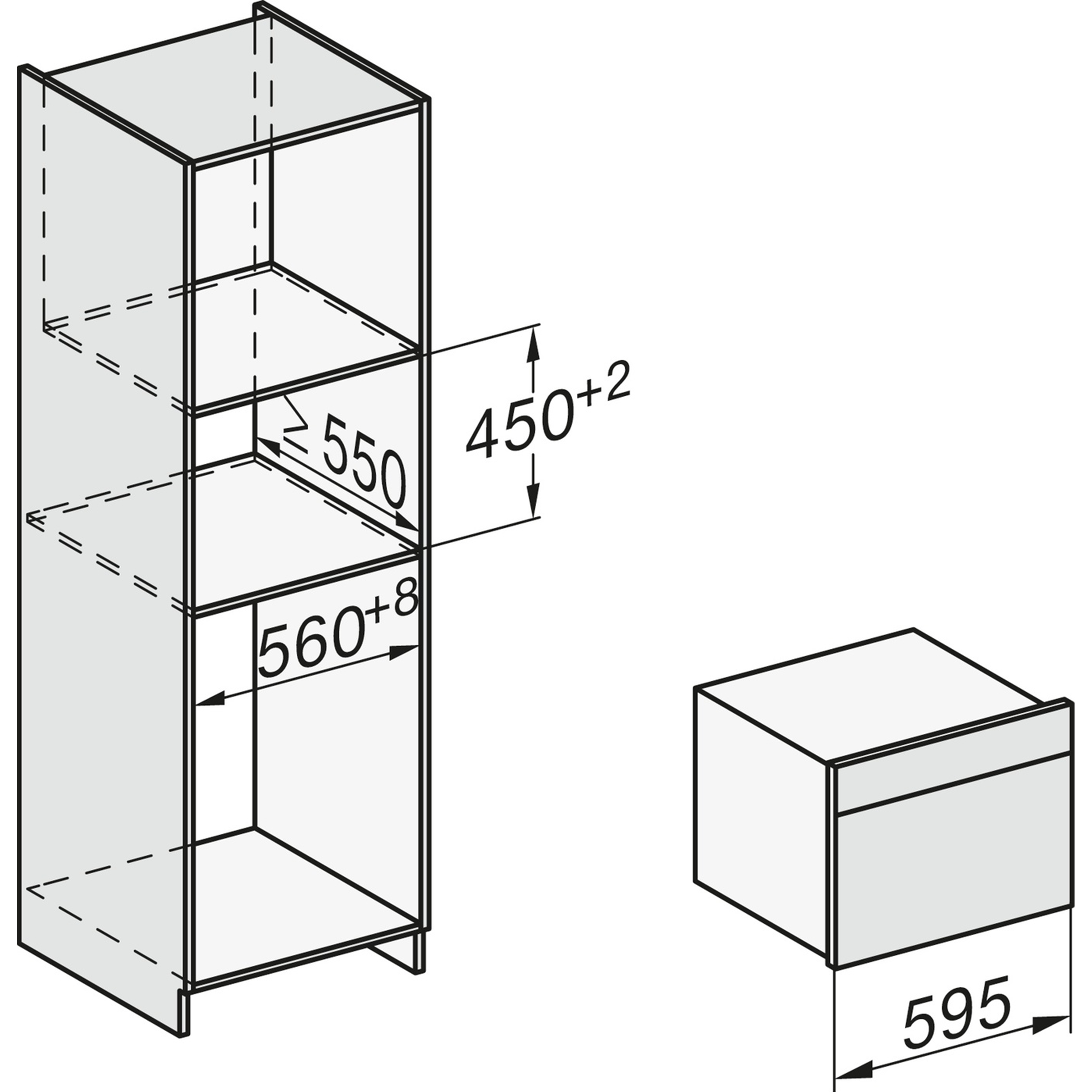 Technical drawing of a kitchen cabinet and an appliance. Dimensions are shown.