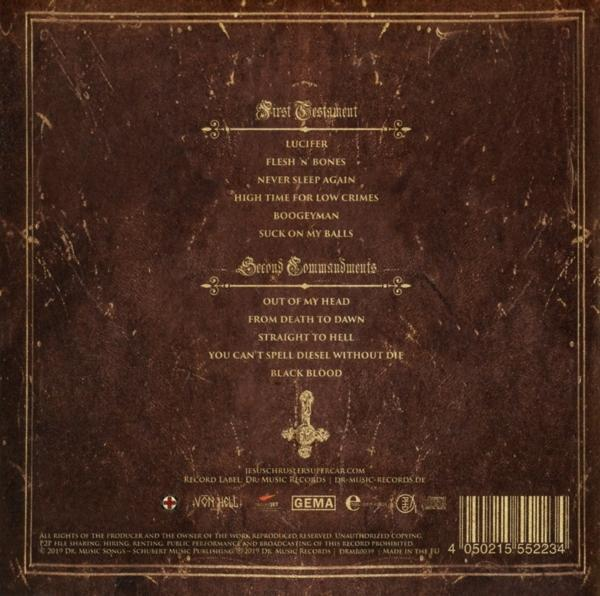 Die Rückseite einer CD-Hülle mit einer Liste von Titeln und Albuminformationen auf strukturiertem Grund.