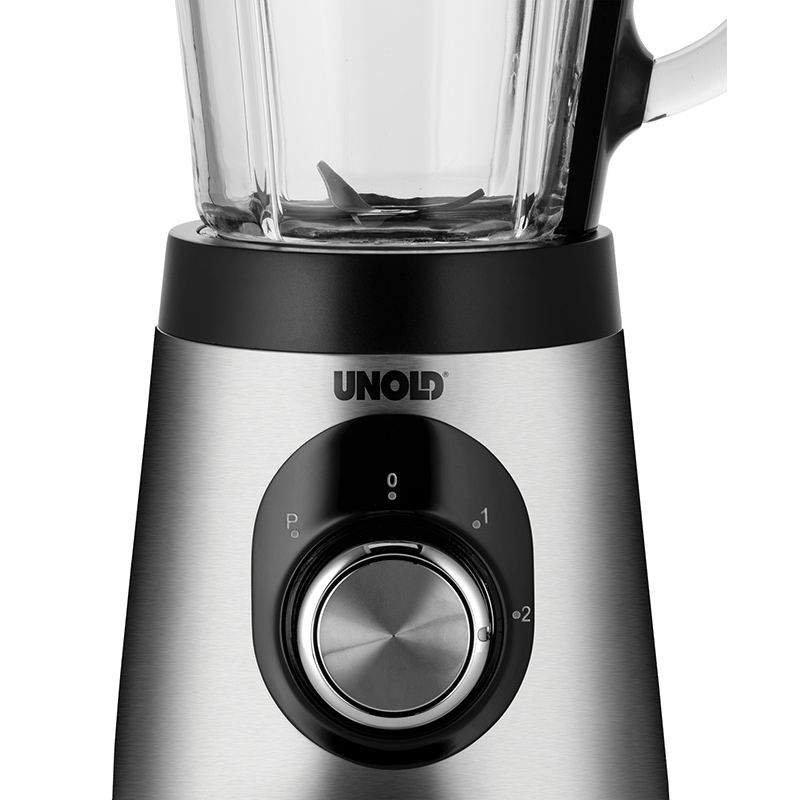 Silberner und schwarzer Unold-Mixer mit Drehregler. Glasbehälter oben.