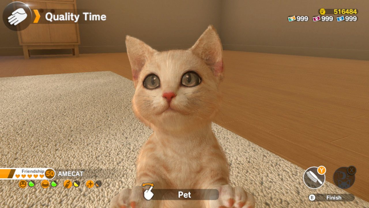 Katze in einem Videospiel, Nahaufnahme, lächelnd.