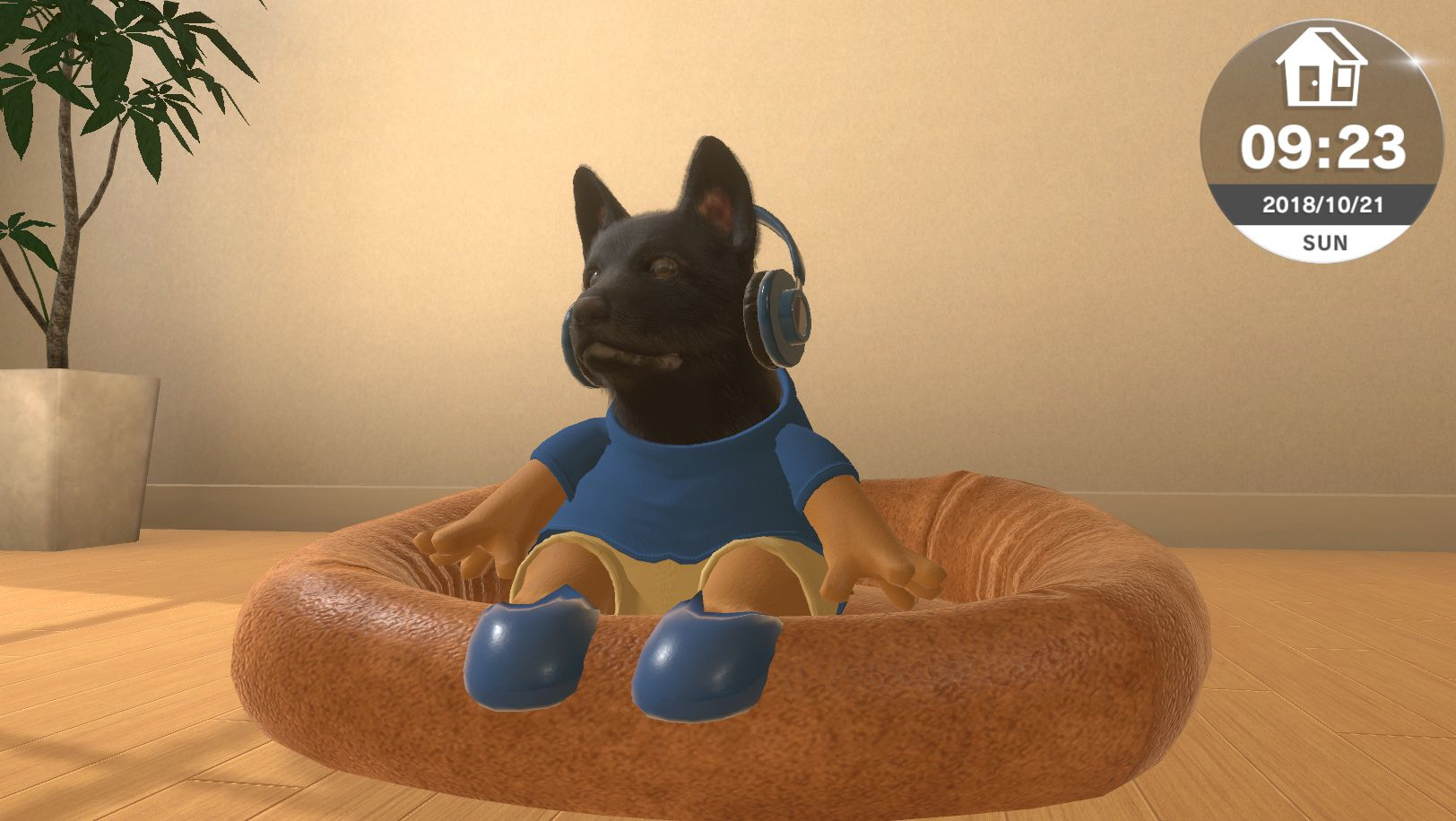 Ein Cartoon-Hund in blauem Hemd und Schuhen, Kopfhörer tragend, im Bett.