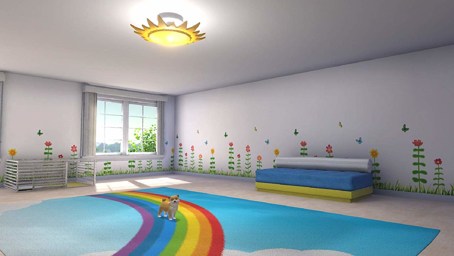 Kinderzimmer mit Regenbogen-Teppich, Hund und floralen Wanddekorationen.