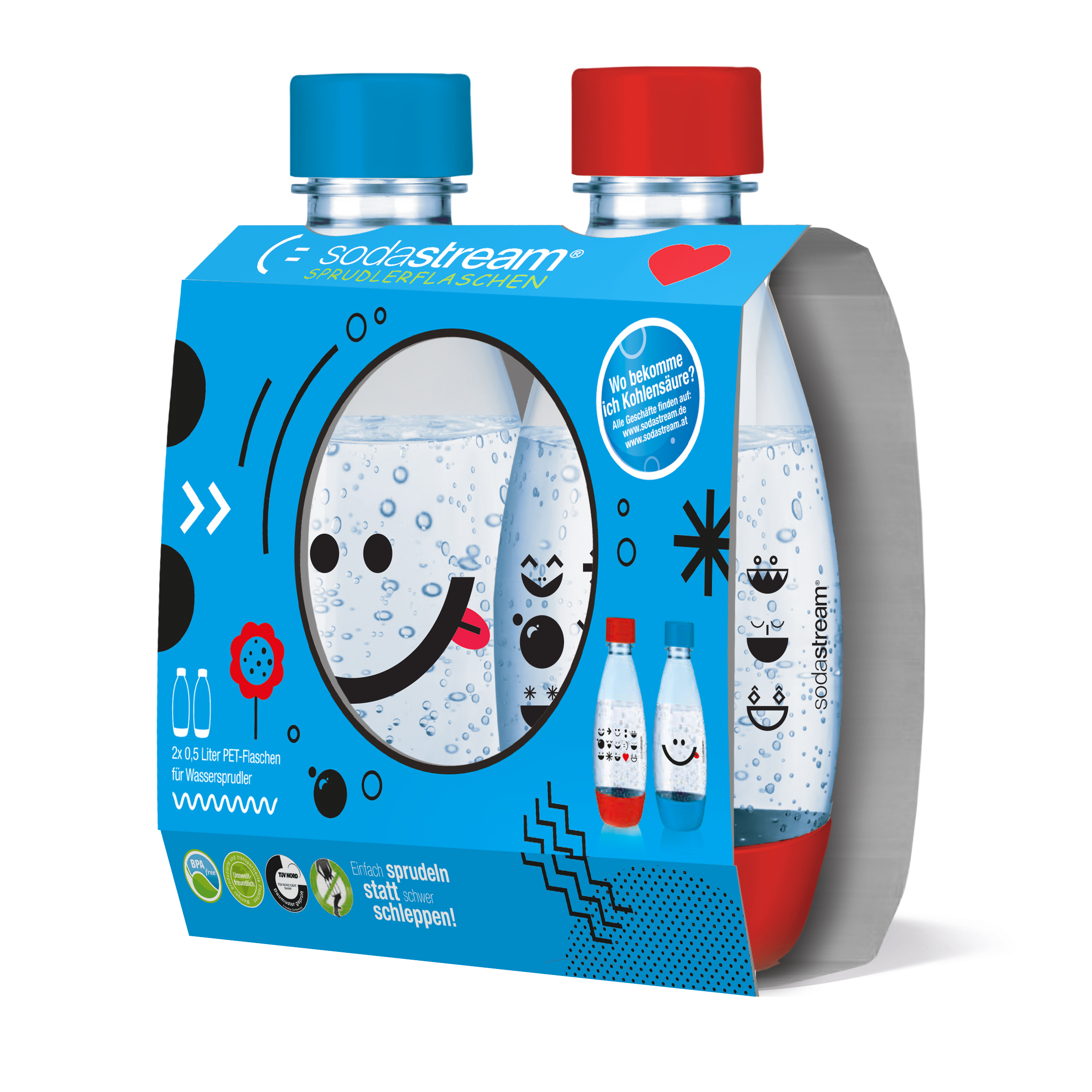 Zwei SodaStream-Flaschen in einer blau-weißen Box. Flaschen mit Smileys, rot/blaue Deckel.
