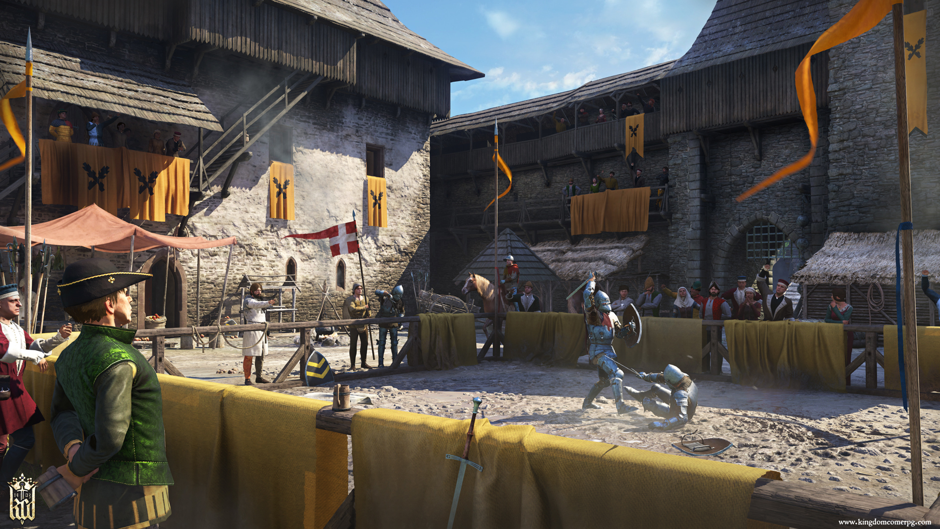 Scena medievale. Persone che guardano un torneo. Due cavalieri che combattono. Stendardi e bandiere colorate.