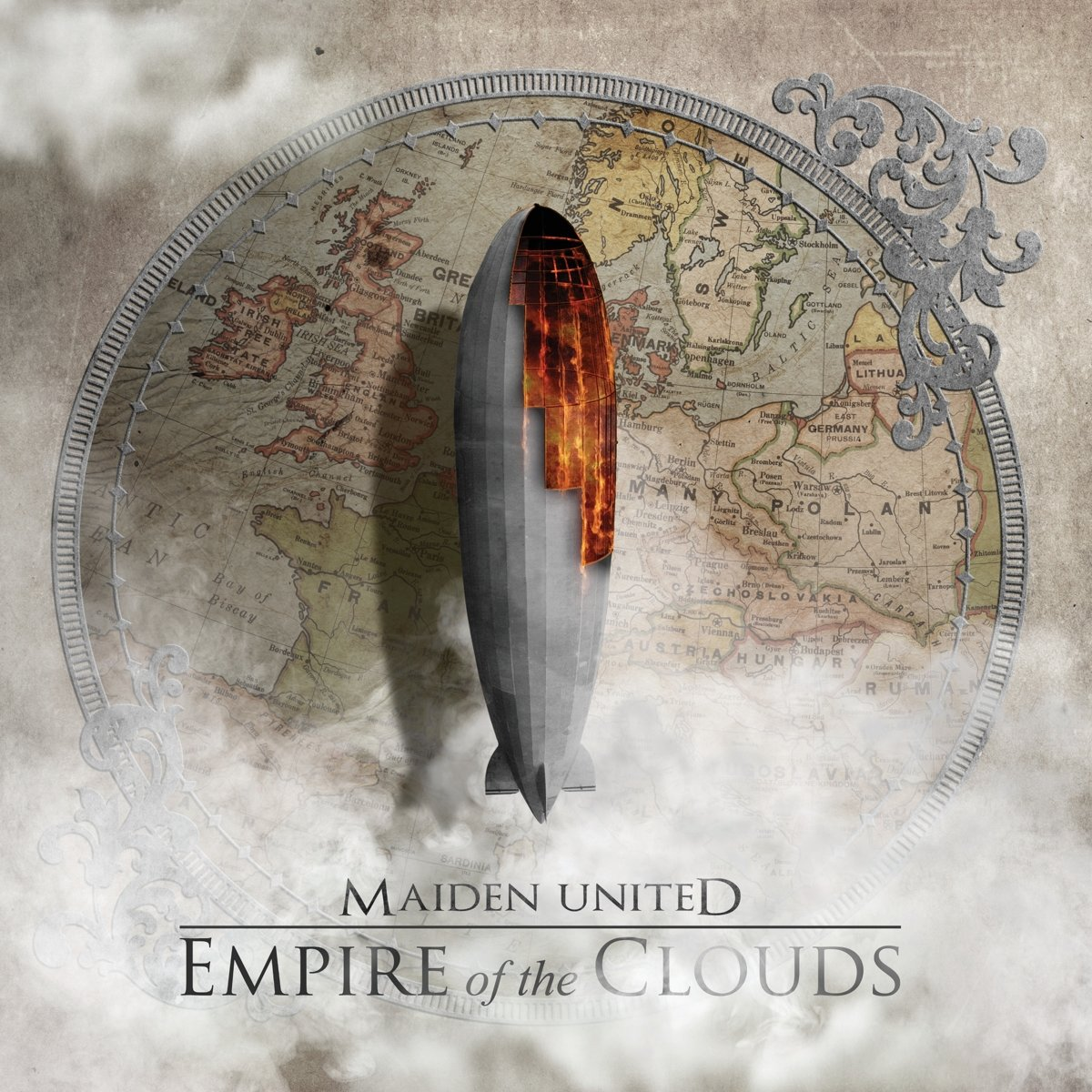 Een albumhoes met een luchtschip boven een kaart. Het luchtschip heeft vlammen en is omringd door wolken.