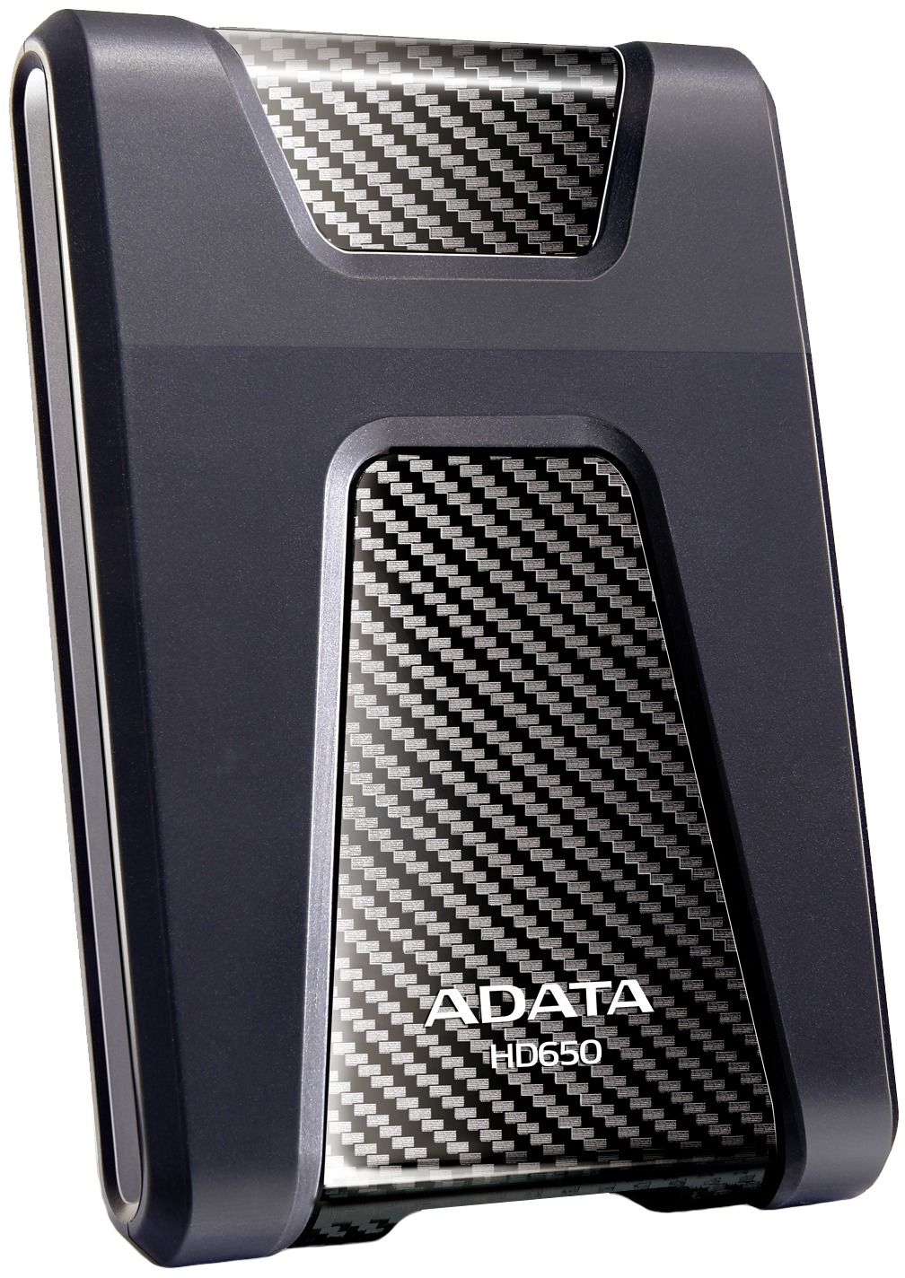 Egy fekete-szürke ADATA HD650 külső merevlemez szénszálas kialakítással a felületén.