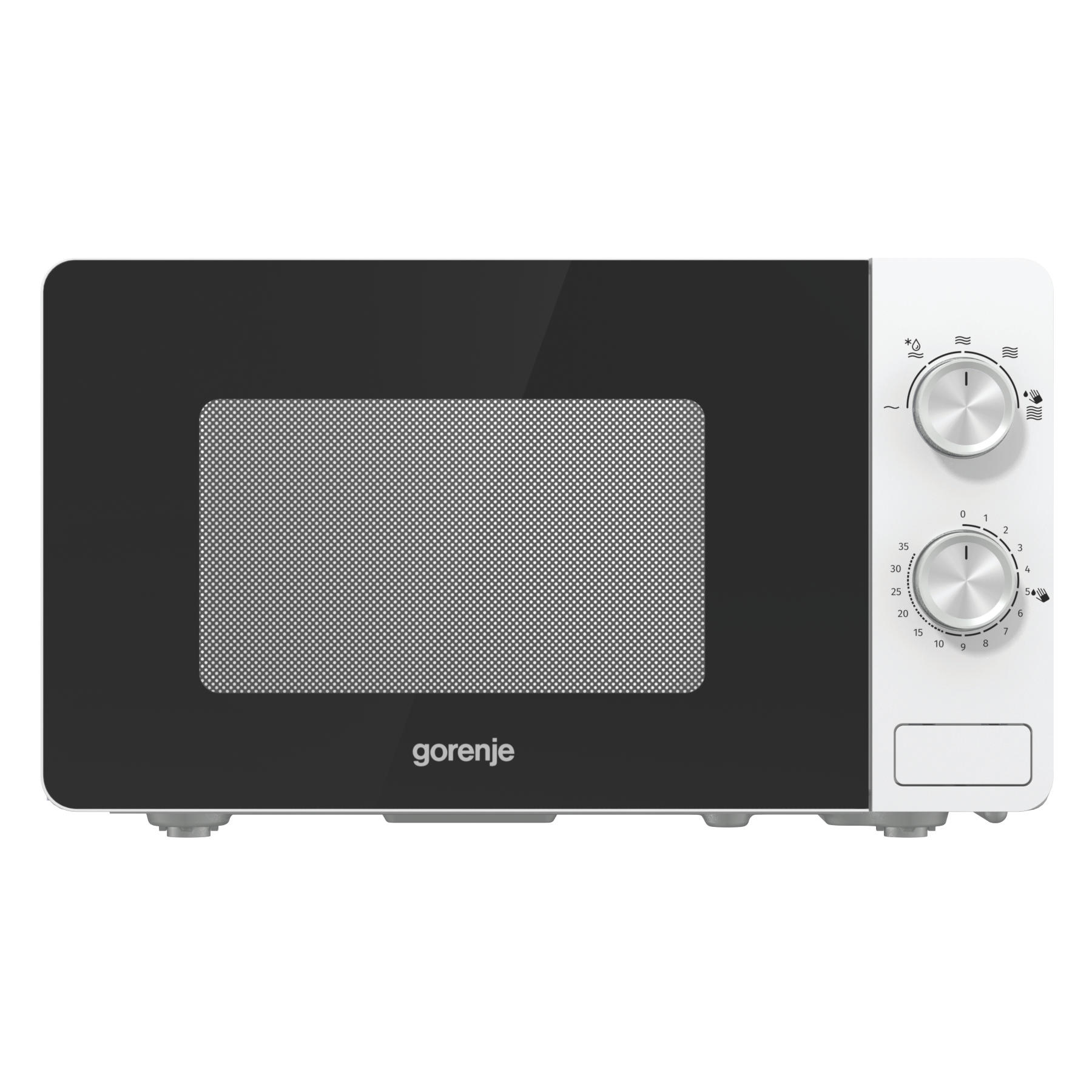Fehér mikrohullámú sütő, fekete ajtóval, jobbra gombokkal, 'gorenje' márkanévvel.