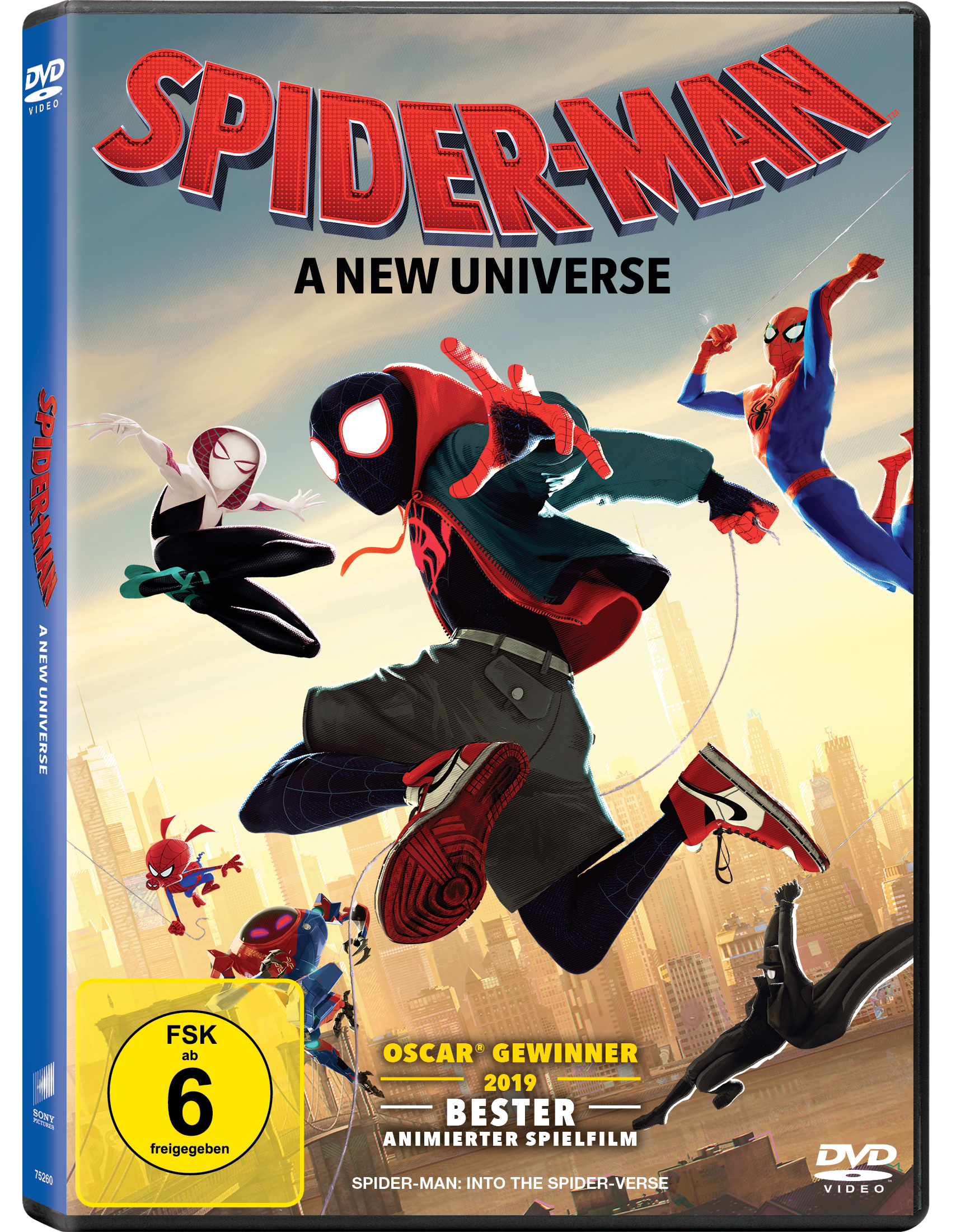 DVD-Cover für Spider-Man: A New Universe. Animierte Charaktere in Bewegung.