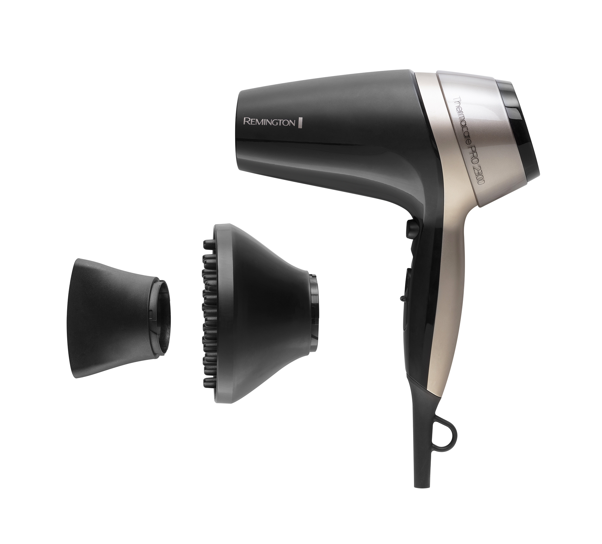 A black and gold Remington hair dryer with two attachments.