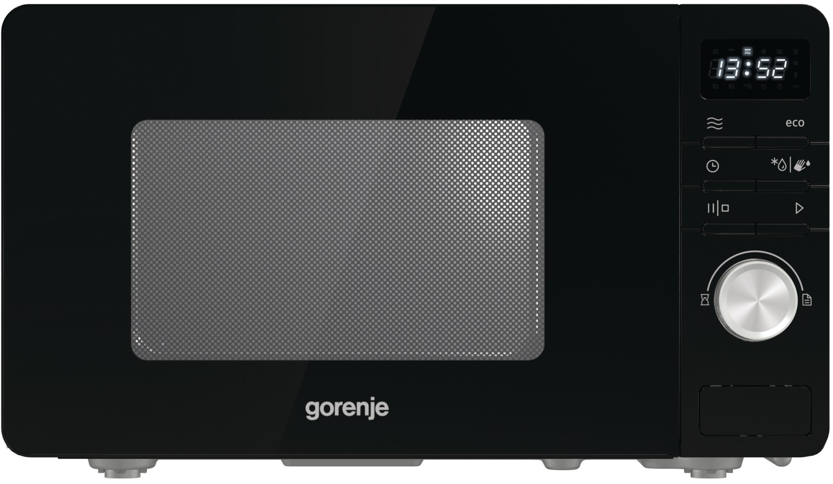 Fekete Gorenje mikrohullámú sütő. A digitális kijelző mutatja az időt. Vezérlőpanel gombokkal és tárcsával.