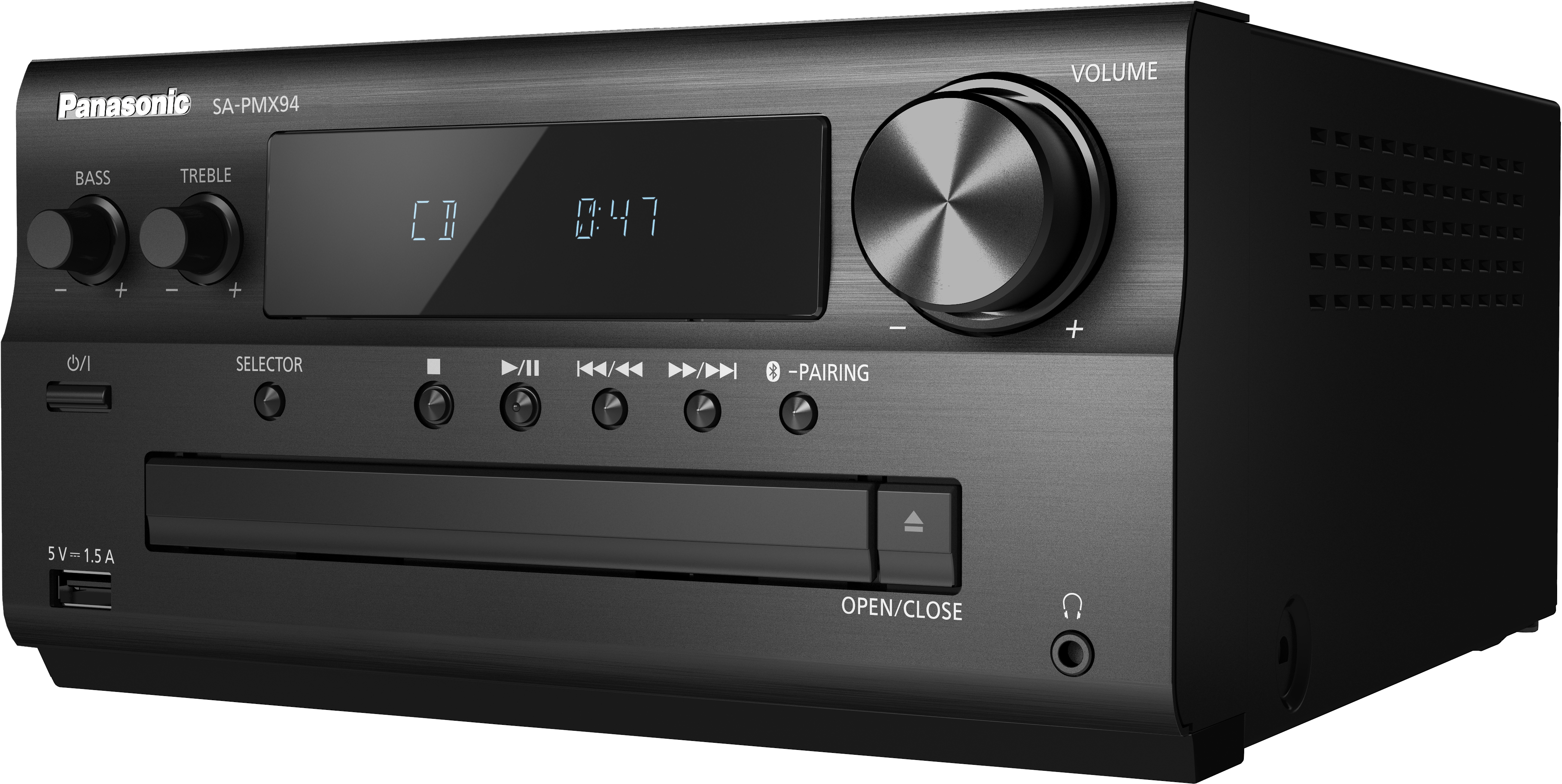 Ein schwarzes Stereoanlage mit CD-Player und Display.
