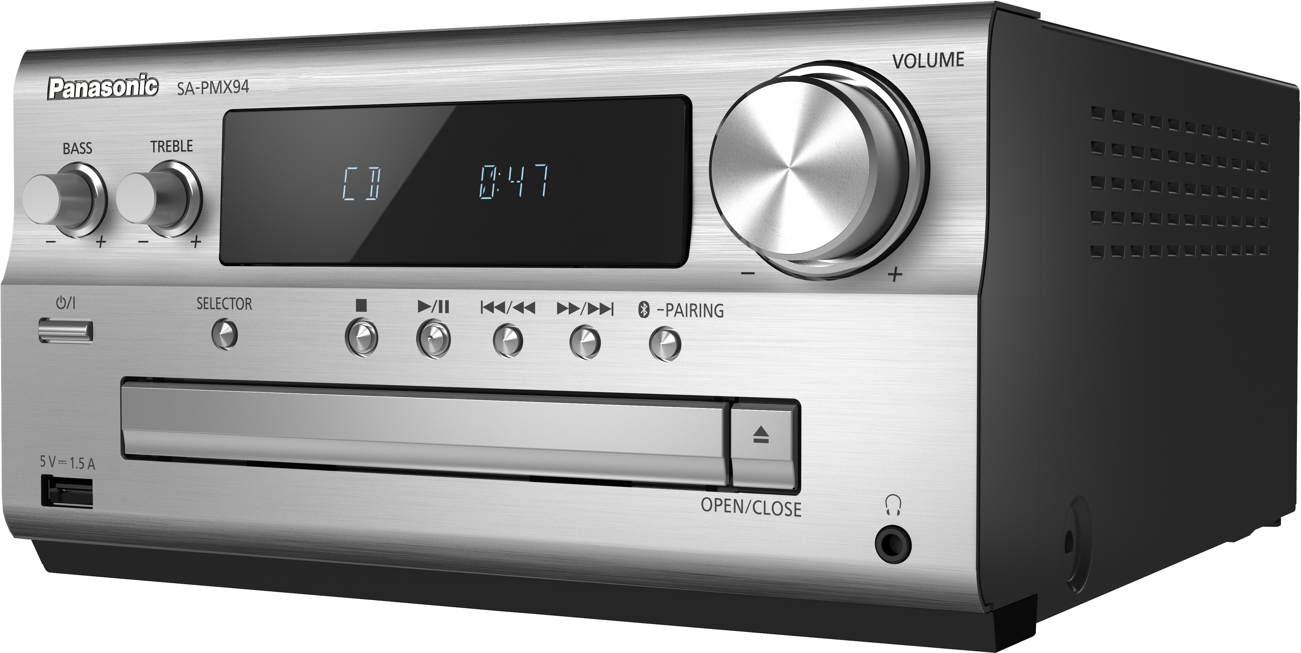 Stereo Panasonic argentato con display nero che mostra l'ora e pulsanti. È su uno sfondo bianco.