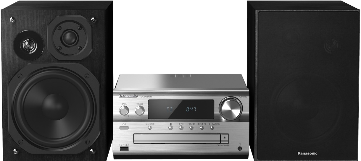 Impianto stereo con due altoparlanti e un'unità centrale. L'unità visualizza 'CD' e l'ora.