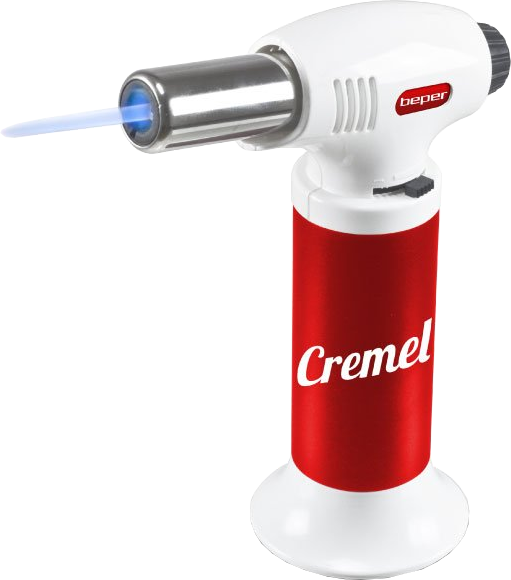 Een wit-rode brander met een blauwe vlam. Het woord 'Cremel' staat op het rode deel.