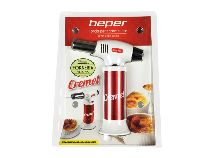 Crème brûlée brander in een verpakking, wit en rood.