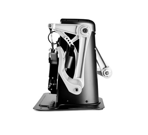 Eine schwarz-weiße Maschine, wahrscheinlich ein mechanisches Gerät, von der Seite betrachtet.