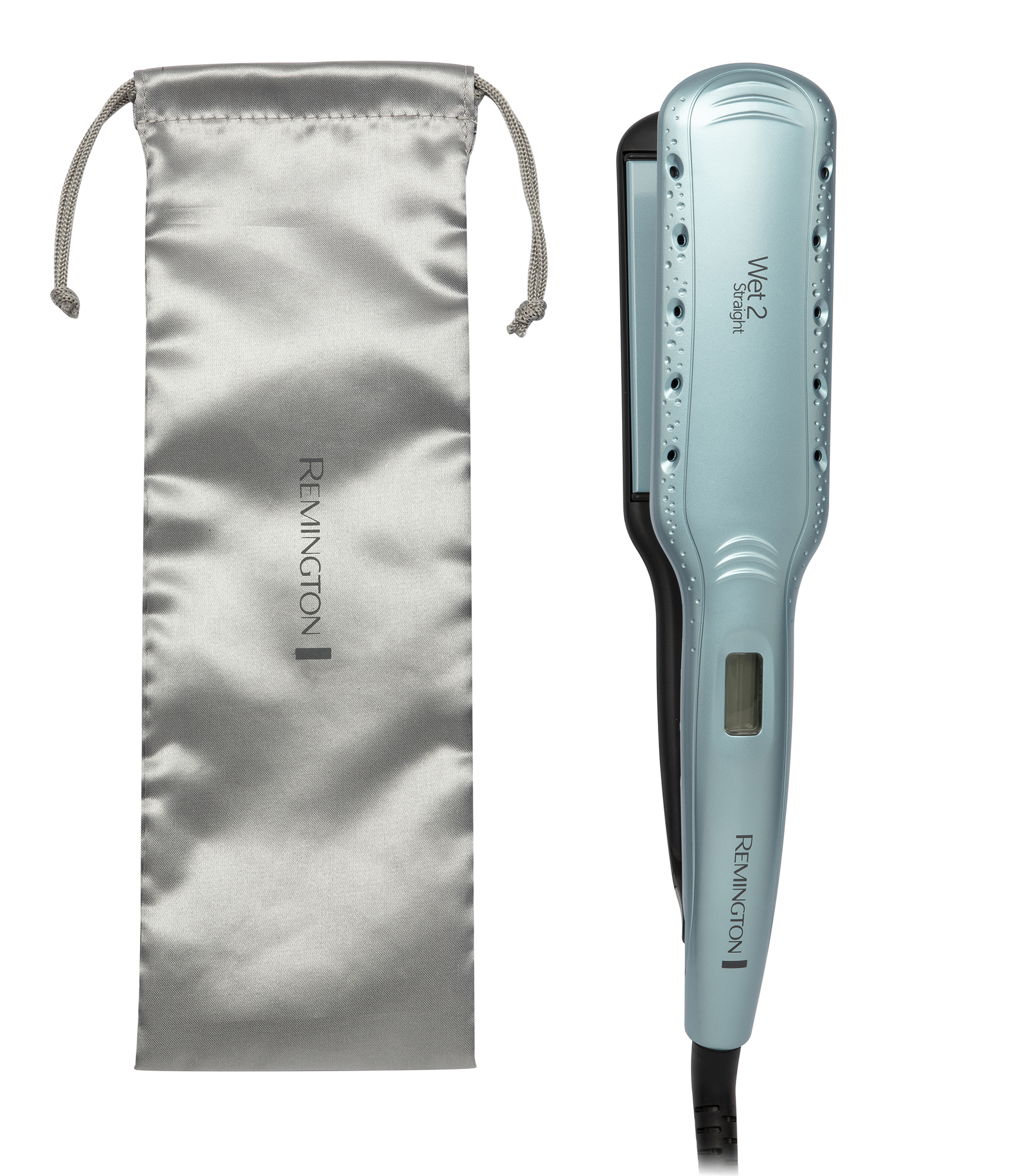 A turquoise hair straightener and a gray satin storage bag.