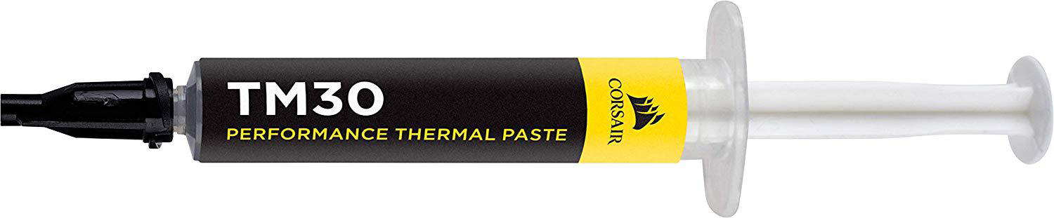 Eine Spritze mit Corsair TM30-Wärmeleitpaste. Schwarze Tube, gelbes Etikett, weißer Kolben.
