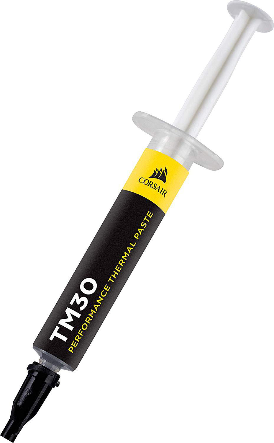 Corsair TM30 Wärmeleitpaste-Spritze mit gelbem Etikett und schwarzer Düse.