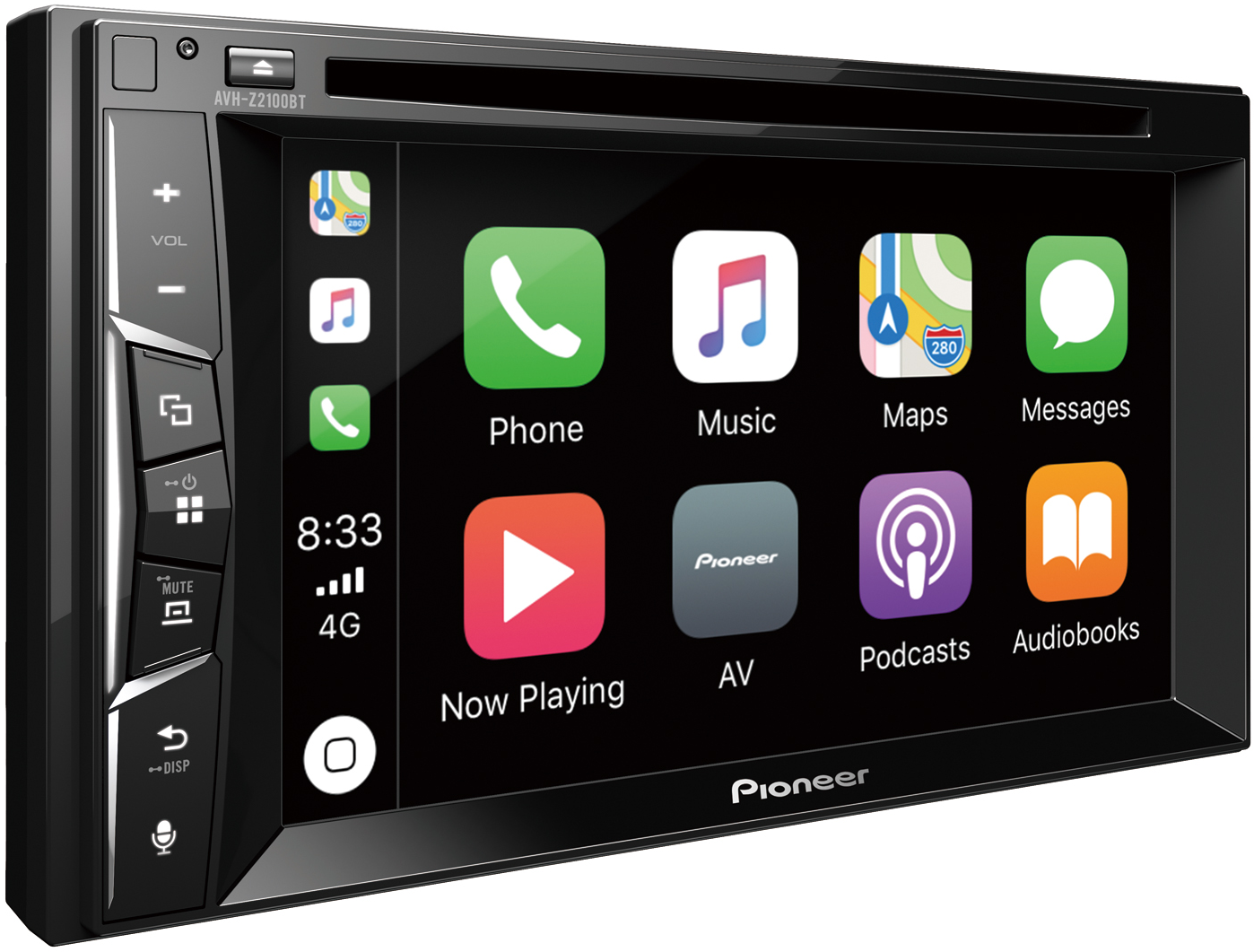 Ein Autoradio mit Display, das App-Symbole zeigt. Es hat einen schwarzen Rahmen.