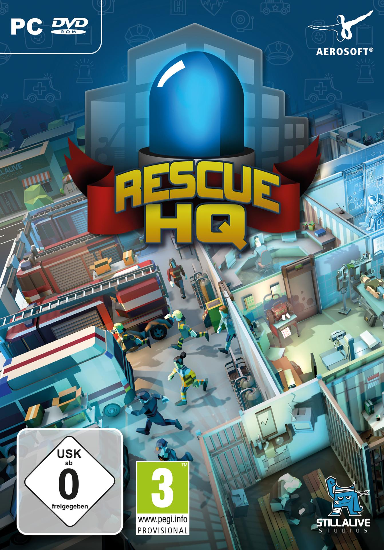 Spielcover für 'Rescue HQ'. Zeigt ein Gebäude mit rennenden Menschen und Einsatzfahrzeugen.