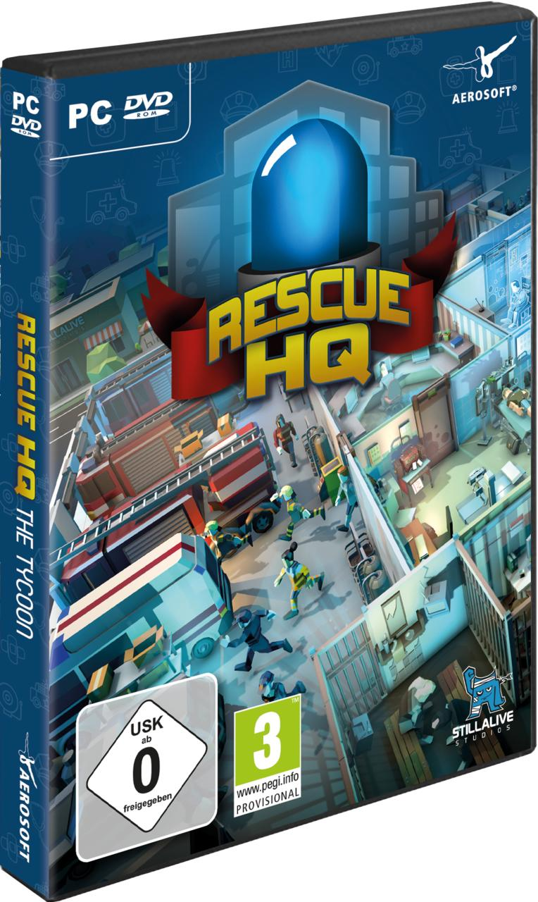 Spielbox mit dem Titel 'Rescue HQ', die eine Rettungsszene zeigt.